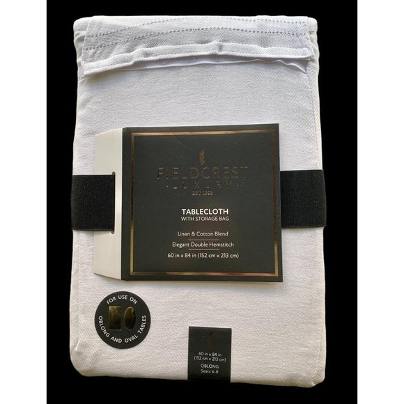 New Linen Cotton White Tablecloth Fieldcrest Rectangle 60" x 84" Herringbone - Picture 1 of 7